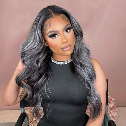 Body Wave Virgin Hair Lace Wig 200% Density 1B/Grey